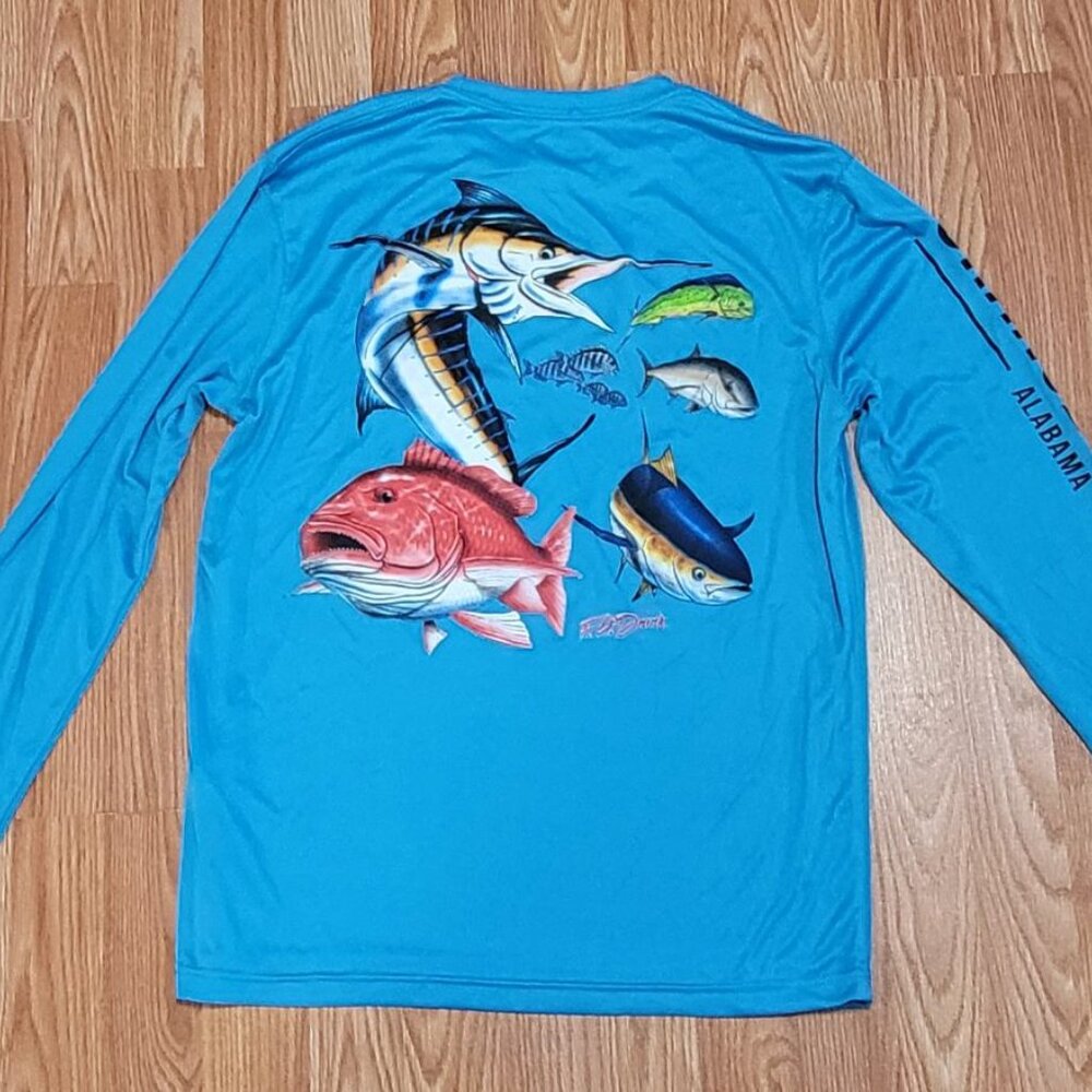 Orange Beach AL blue long sleeve silky shirt, size Small, NWT